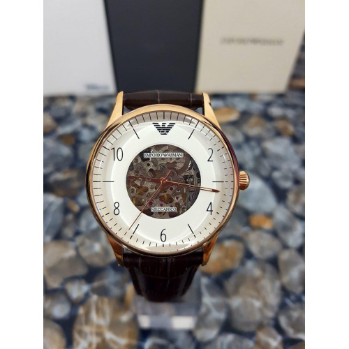 Emporio Armani Meccanico White Dial Brown Leather Strap Watch For Men - AR1920